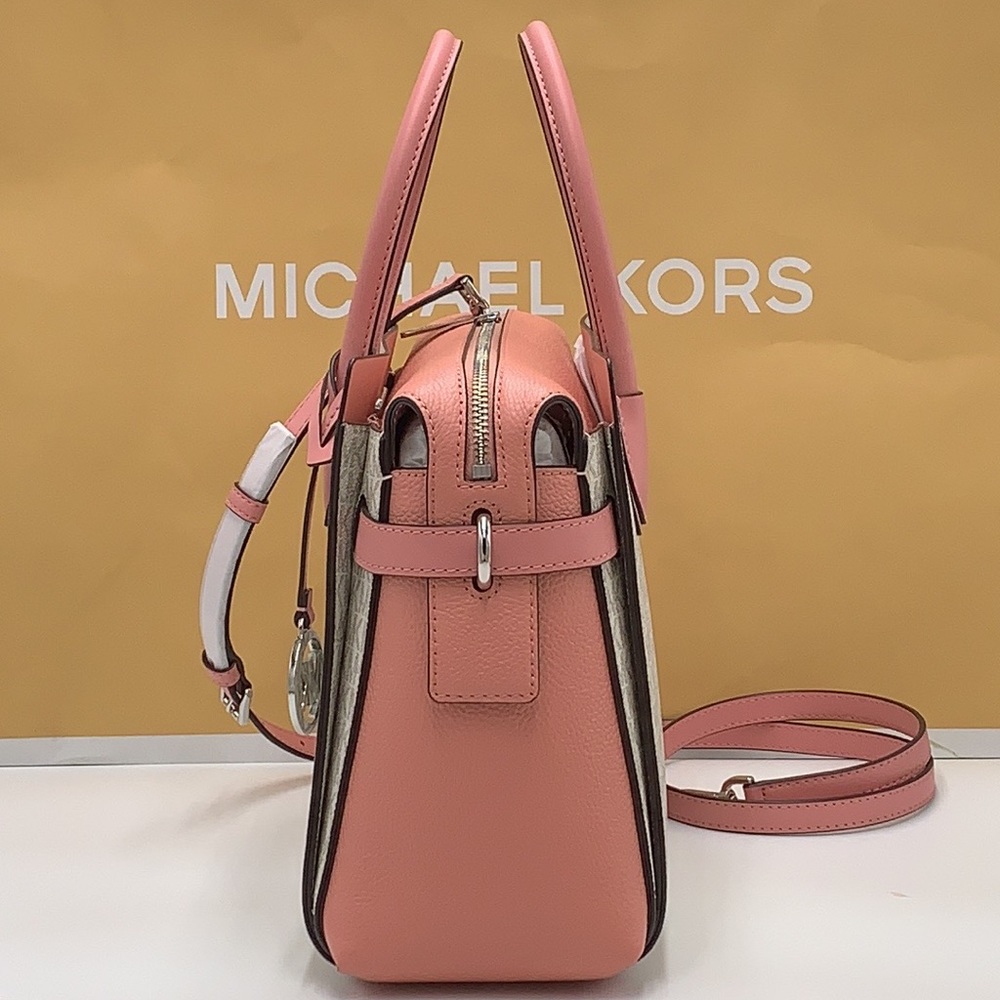 MICHAEL KORS MERCER MEDIUM TOP ZIP BELTED SATCHEL PRIMROSE VANILLA SIGNATURE - Picture 6 of 16
